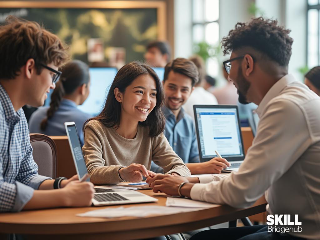Group of young professionals collaborating with laptops in a modern office setting.