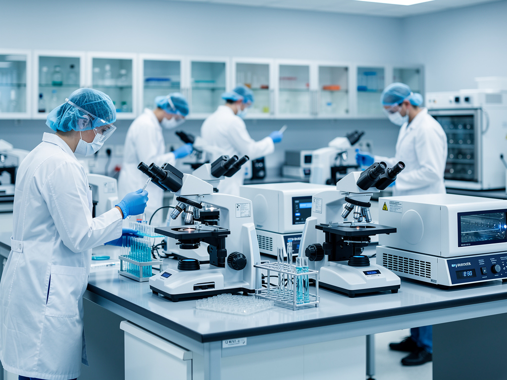 Modern laboratory interior with blue and white color scheme, featuring workstations, computers, and shelves, under bright fluorescent lighting.
Modern laboratory interior with blue and white color scheme, featuring workstations, computers, and shelves, under bright fluorescent lighting.
