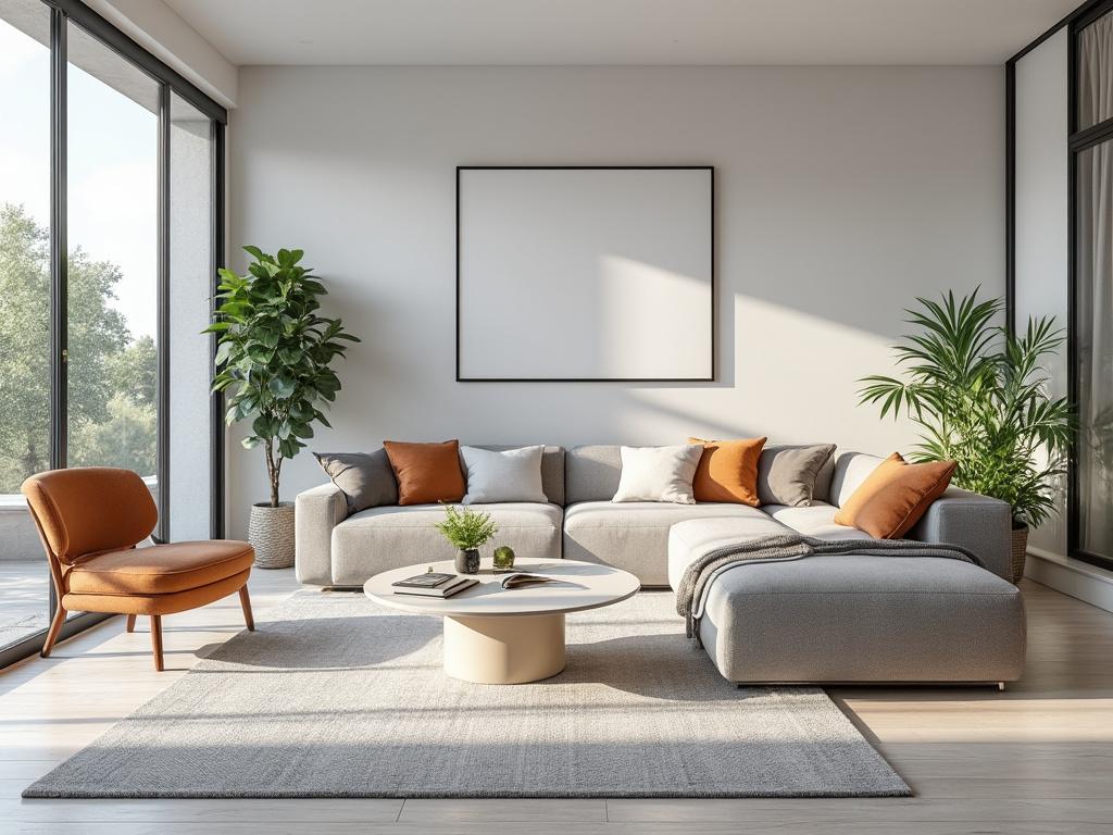 Sala de estar moderna com sofá cinza, poltrona laranja, mesa de centro redonda, plantas ao redor e grandes janelas de vidro. Sala de estar moderna com sofá cinza, poltrona laranja, mesa de centro redonda, plantas ao redor e grandes janelas de vidro.