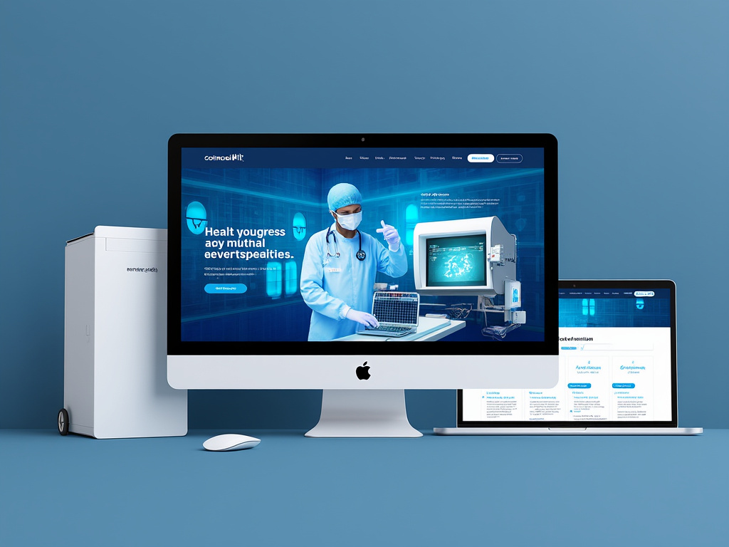 Modern computer setup with Apple iMac displaying a medical-themed website, featuring a healthcare professional on the screen; adjacent laptop and desktop computer on a blue background.