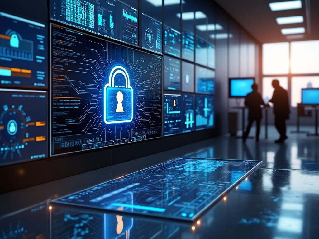 Futuristic security control room with multiple screens displaying cybersecurity data and a large digital lock symbol, silhouetted figures in the background.
