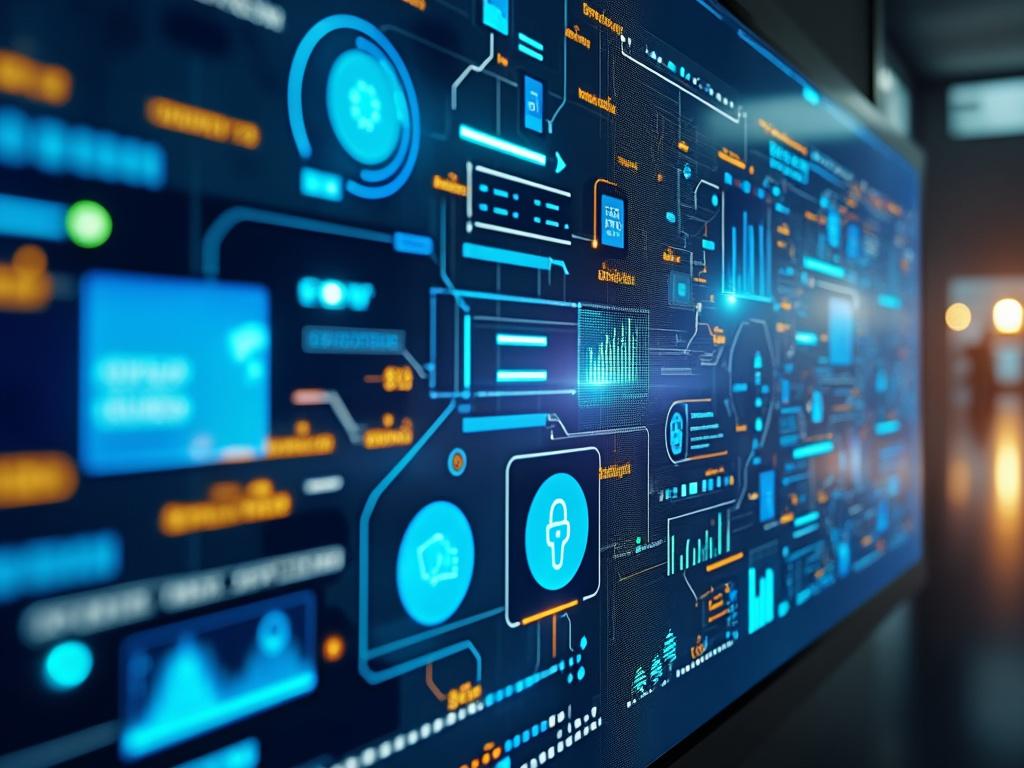 Futuristic digital interface screen with data visualizations, graphs, and network connections in a tech-focused environment.