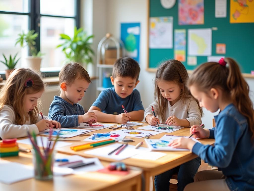 Group of young children engaged in arts and crafts at a classroom table, with colorful drawings and art supplies.
