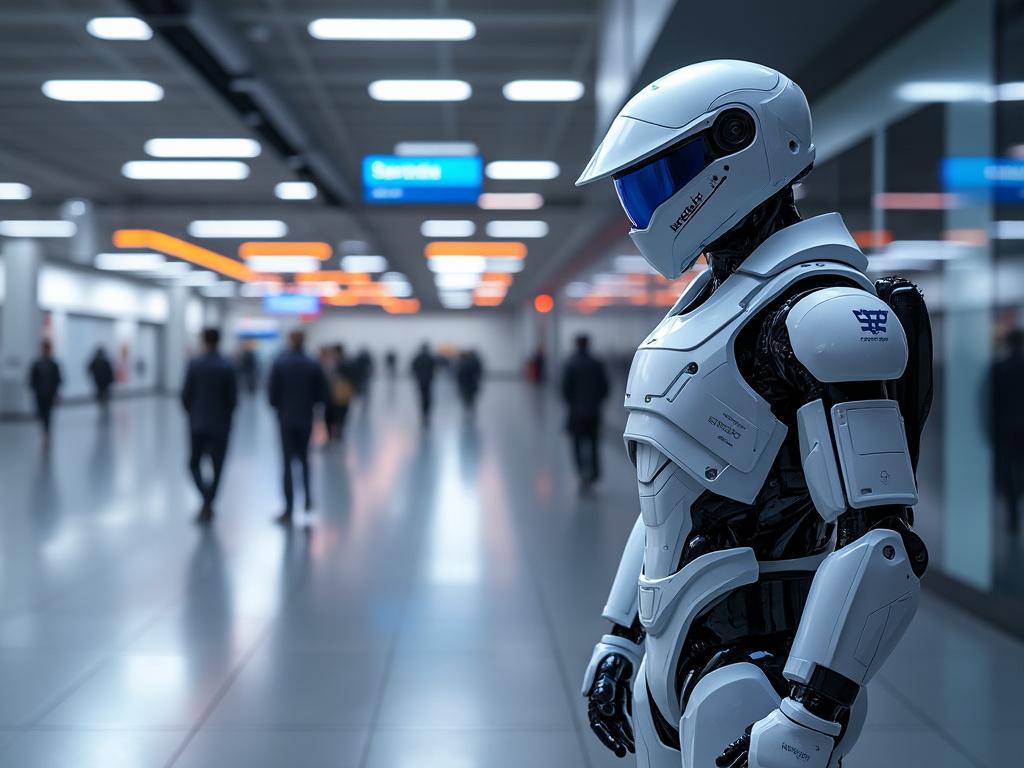 Futuristic robot in a crowded airport terminal with LED lighting and informational signs.