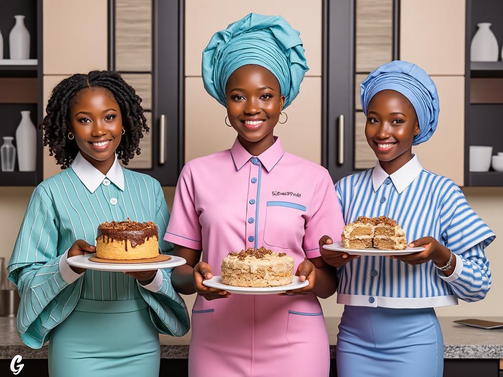 Three smiling women in colorful outfits holding plates with decorated cakes in a modern kitchen setting.