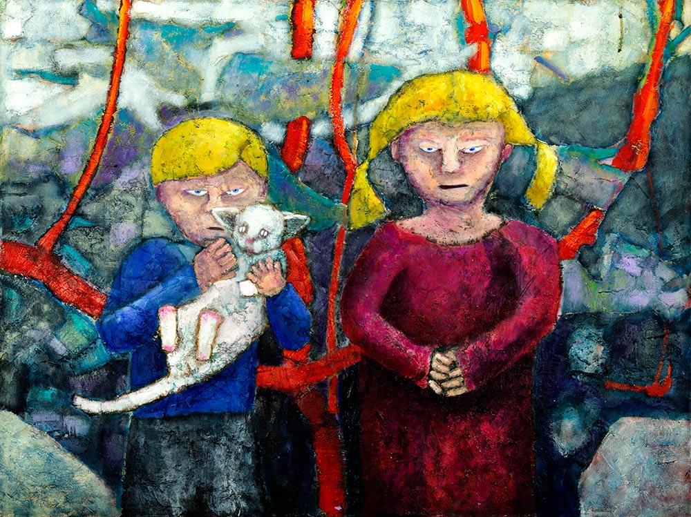 sinister painting of two creepy children that have found a scared looking cat by contemporary British artist Mark Lloyd Williams