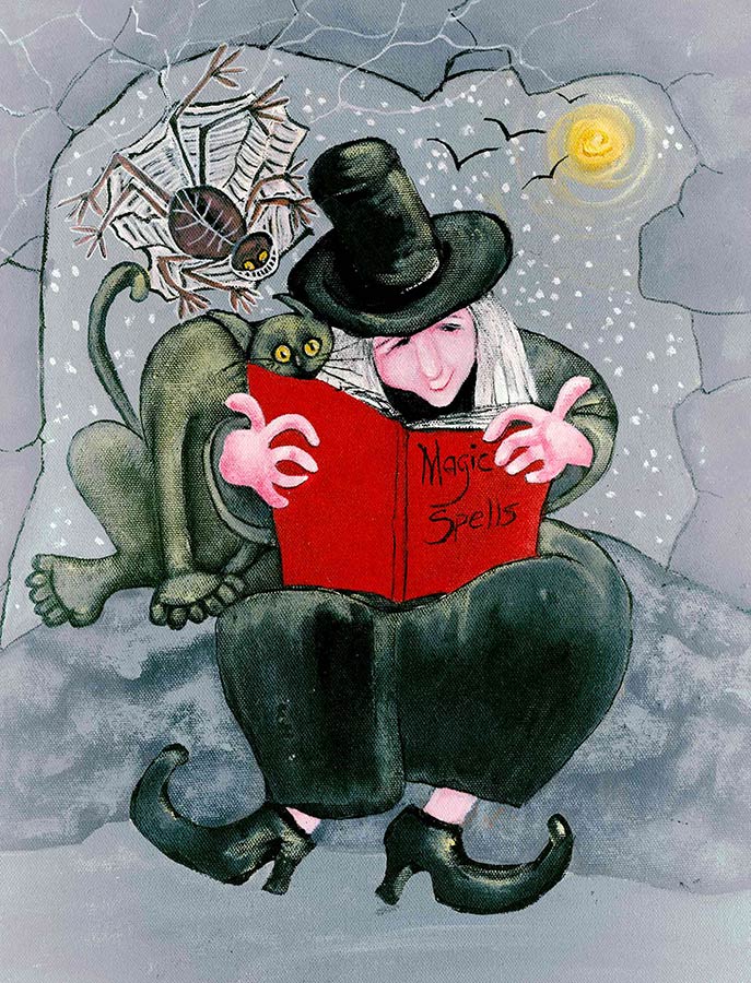 painting of a witch and her black cat reading a spell book