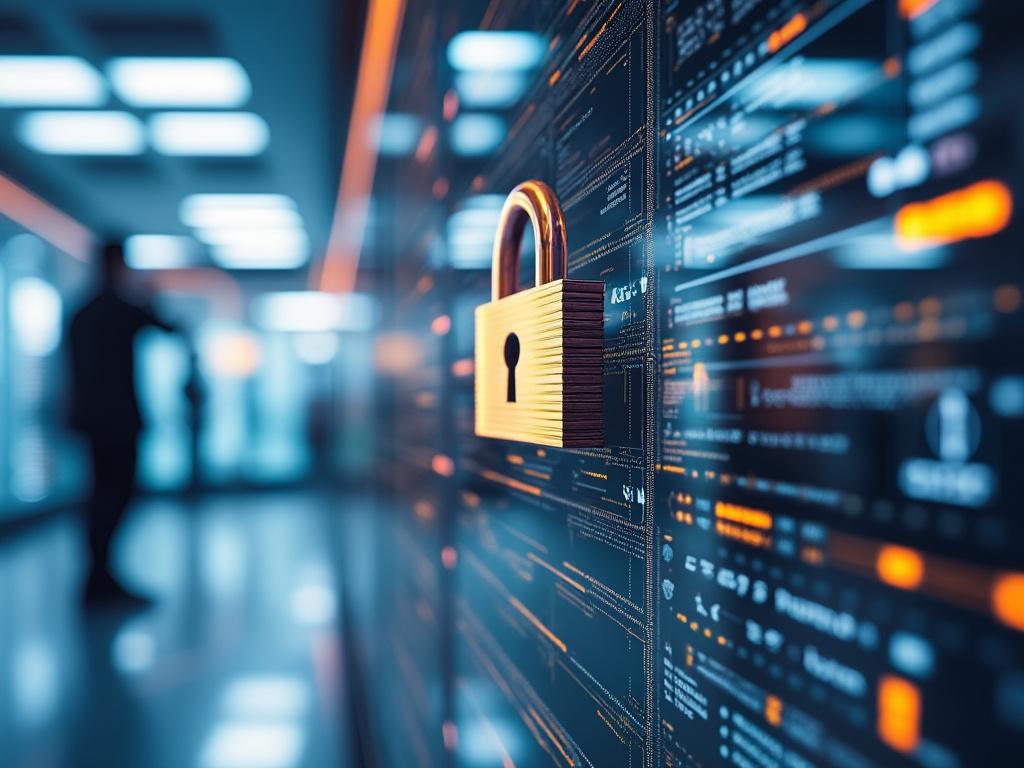 Cybersecurity concept with a padlock against digital data background representing online protection and privacy.