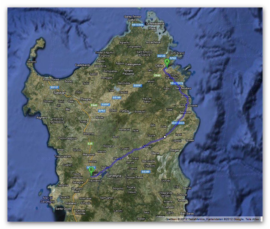 Standort Nuraghe Losa Abbasanta Fahrtroute von Olbia aus