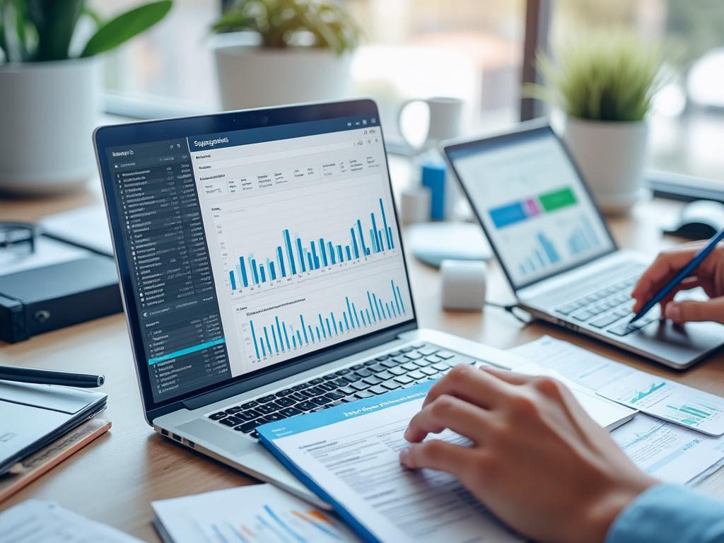 Pessoa analisando gráficos de dados em dois laptops em um escritório, com plantas e papéis em uma mesa.