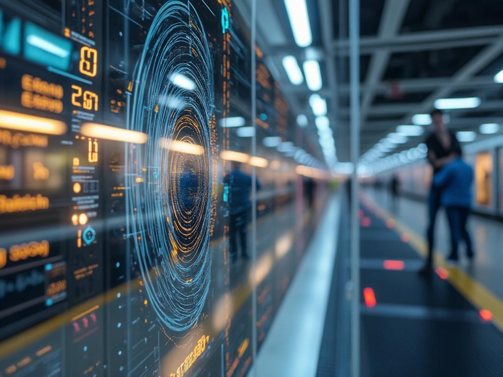 Futuristic subway station with glowing digital interfaces and a blurred silhouette of people in the background.