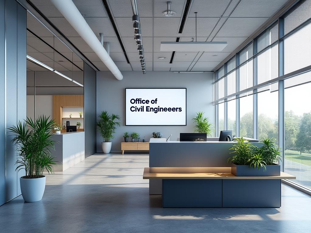 Μοντέρνο γραφείο μηχανικών με φωτεινό χώρο εισόδου, φυτά και ταμπέλα γραφείου.