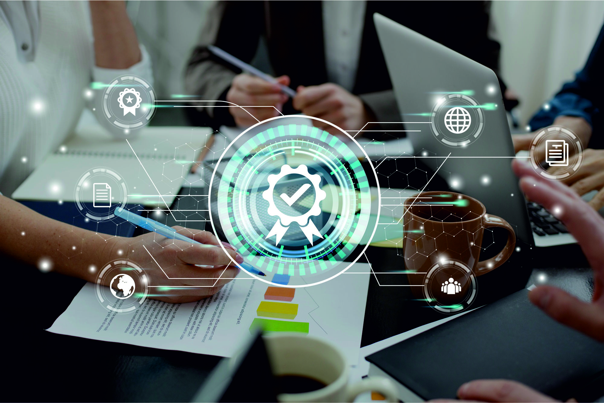 Team working on digital project with futuristic tech icons overlay, documents, and laptops. Team working on digital project with futuristic tech icons overlay, documents, and laptops.