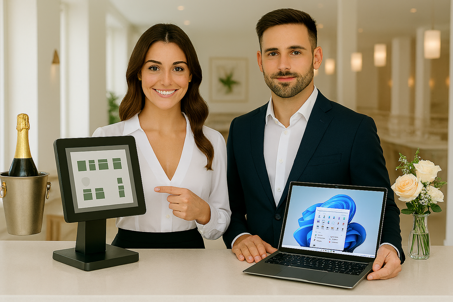 IT-Berater und fröhliche Dame im Service zeigen auf die neuen Produkte.