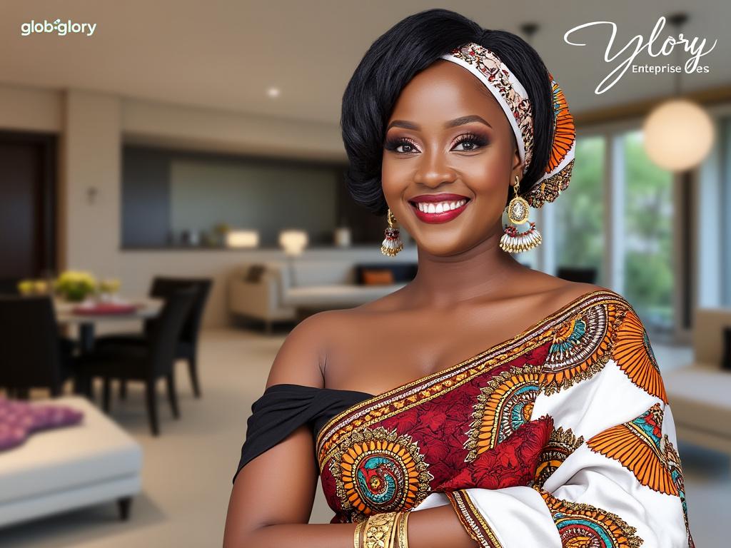Smiling woman in colorful traditional attire with beaded earrings, standing in a modern living room.