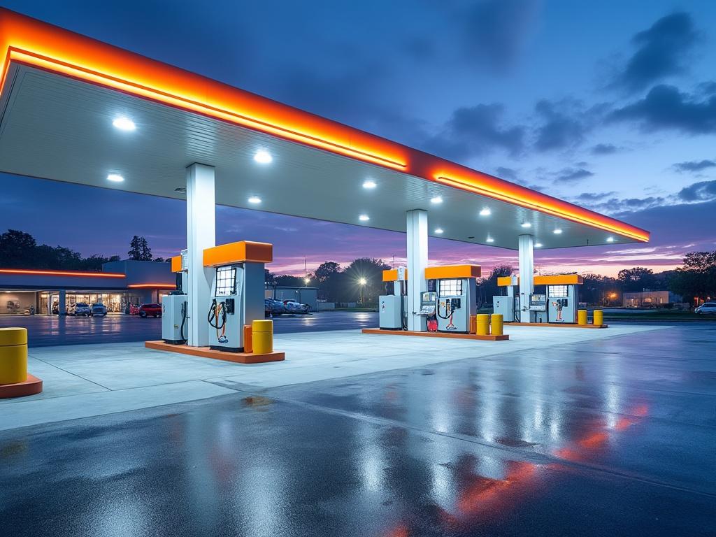 Stations-service illuminées au crépuscule avec ciel nuageux et sol humide.