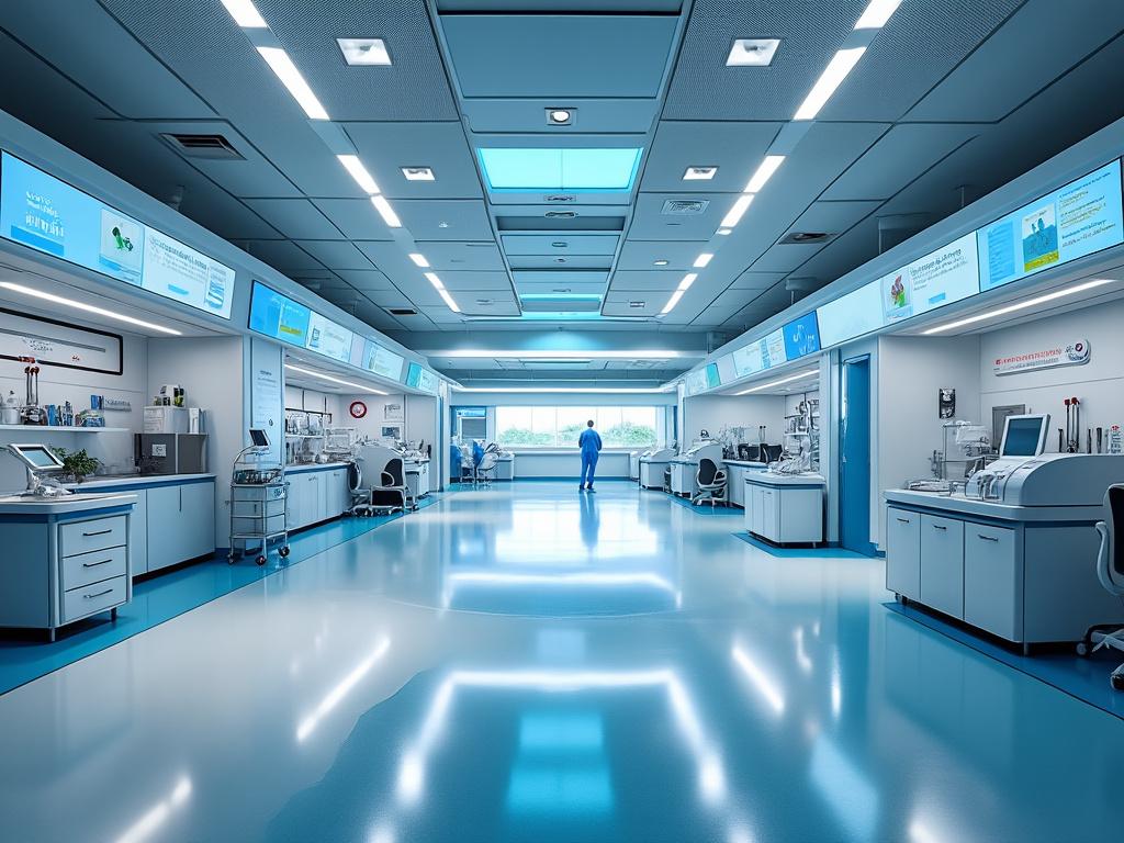 Modern laboratory interior with medical equipment, blue flooring, and a person in scrubs.