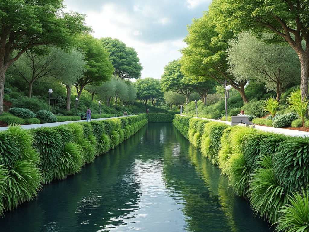 Lush landscaped park with tree-lined canal, green shrubs, walking paths, and benches under a cloudy sky Lush landscaped park with tree-lined canal, green shrubs, walking paths, and benches under a cloudy sky