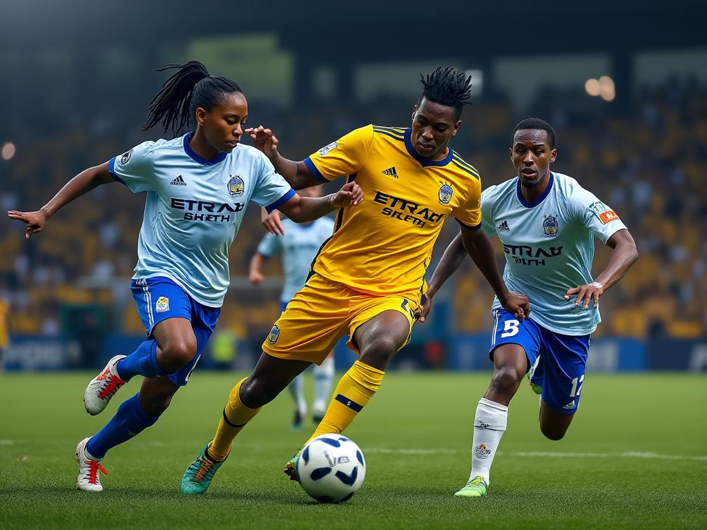 Soccer match with three players in action, one in yellow jersey controlling the ball, two in blue jerseys attempting to intercept, set in a stadium.