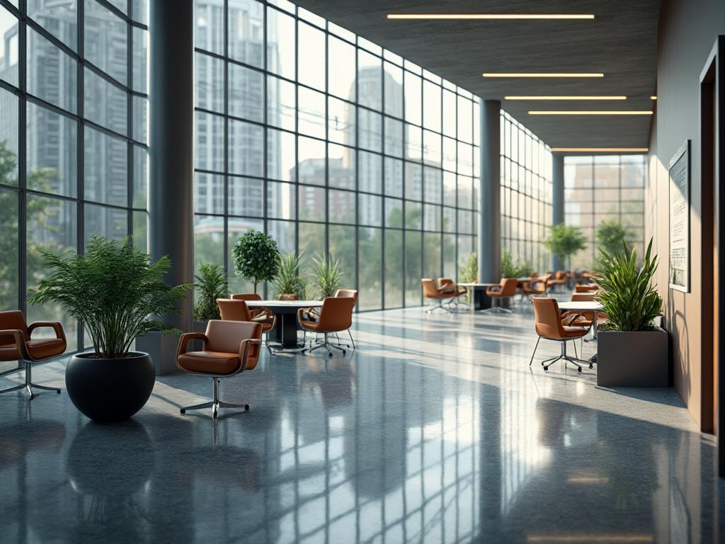 Σύγχρονος χώρος αναμονής με μεγάλες γυάλινες επιφάνειες, δερμάτινες καρέκλες και πράσινα φυτά, με θέα στον αστικό ορίζοντα.