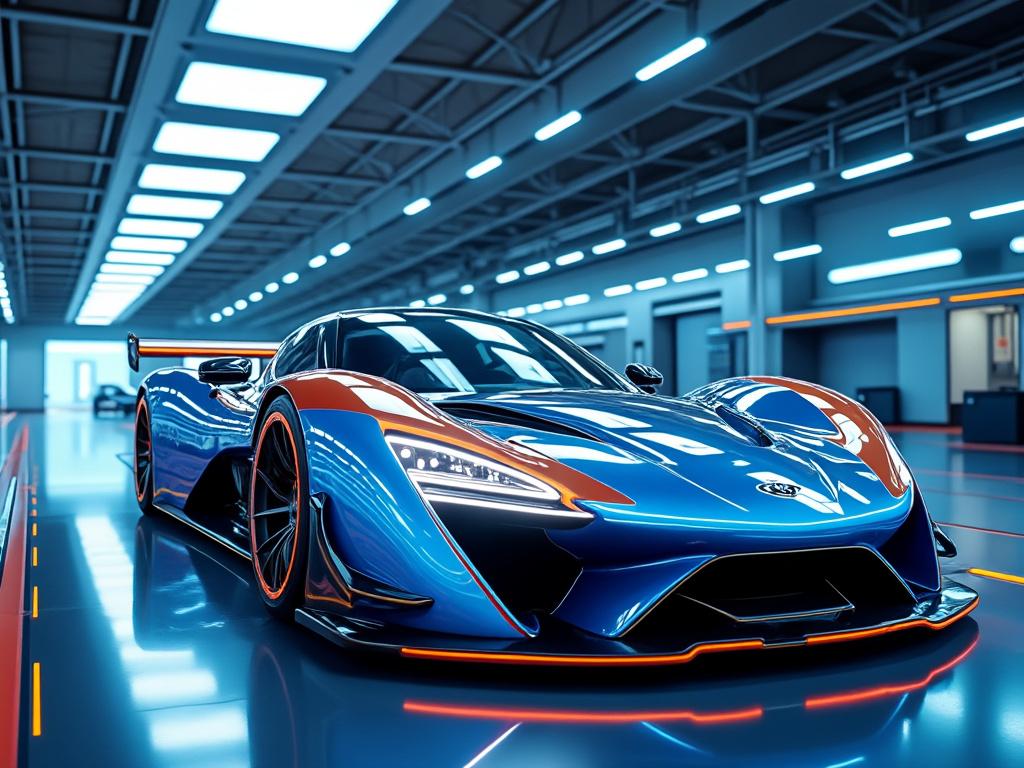 Sleek blue sports car with orange accents in a modern garage setting with bright overhead lights. Sleek blue sports car with orange accents in a modern garage setting with bright overhead lights.