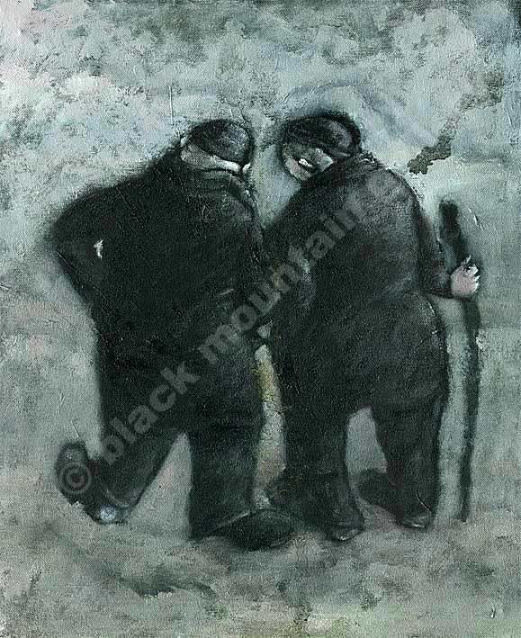 Nostalgic image by Welsh artist Muriel Williams of two old friends walking together
