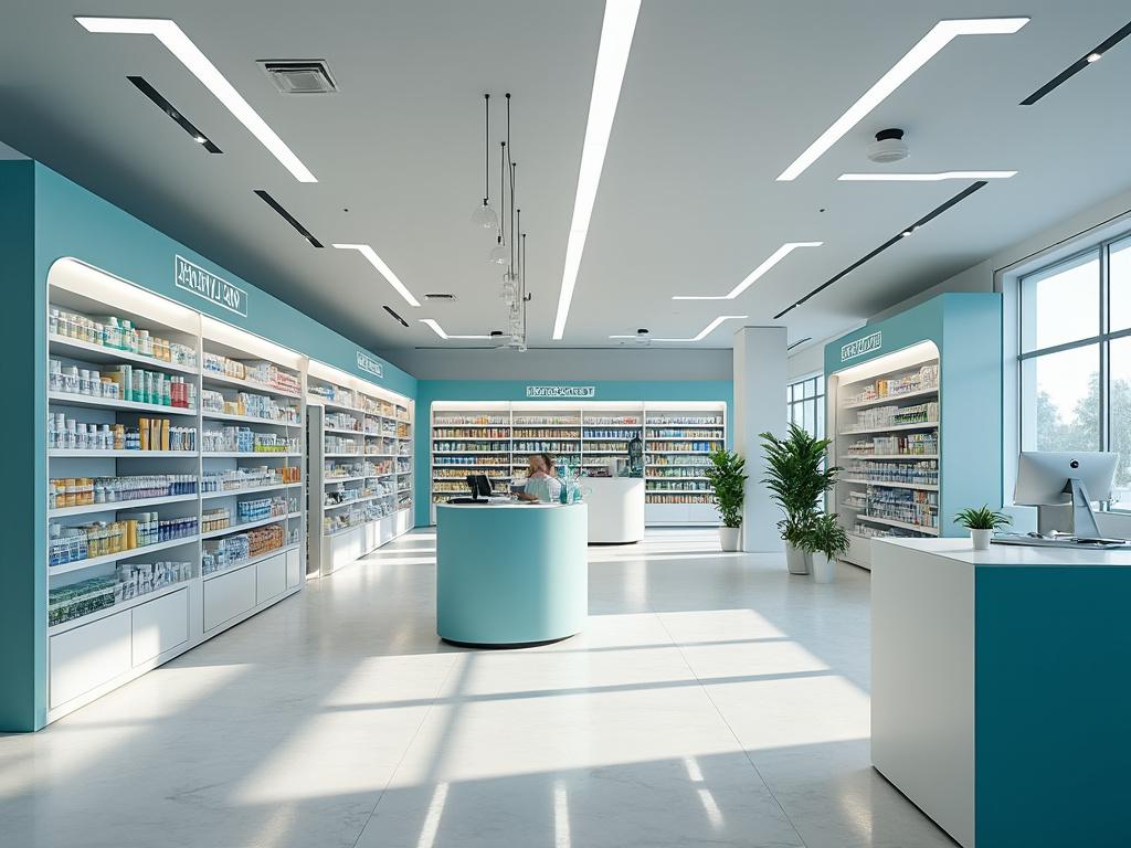 Interior moderno de farmácia com prateleiras organizadas, balcão central e plantas decorativas, iluminada por luz natural.