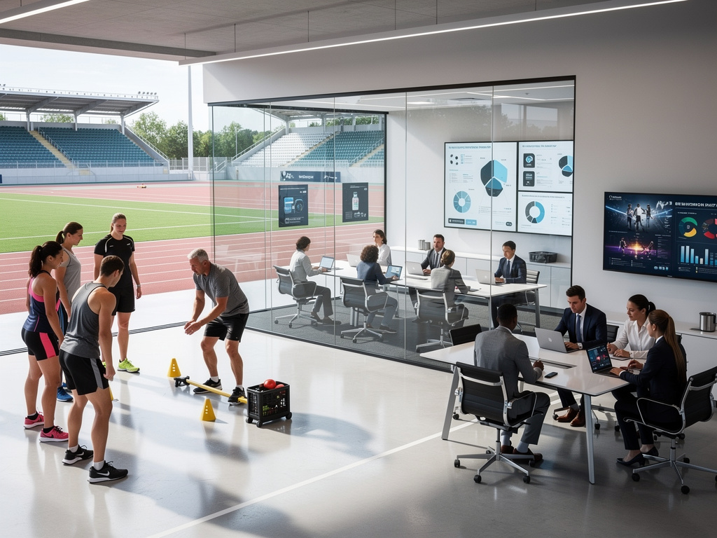 Centro de treinamento esportivo moderno com atletas, treinadores, pista de atletismo e sala de análise de desempenho com dashboards