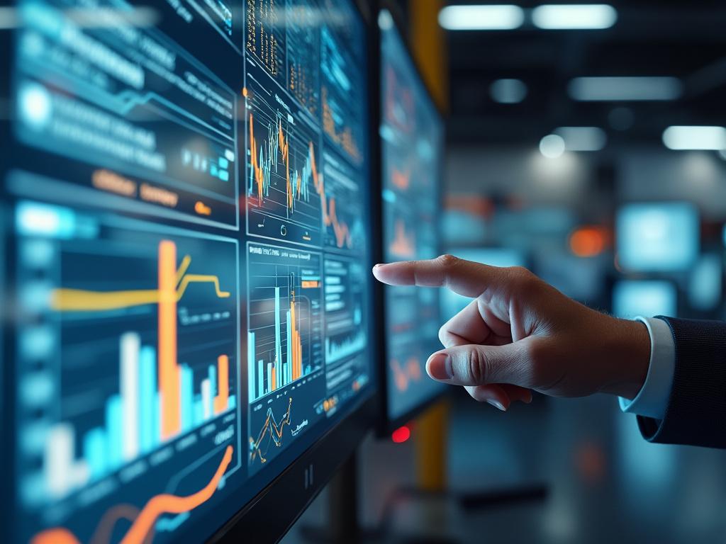 Mână indicând spre ecran de computer cu grafică și diagrame colorate.