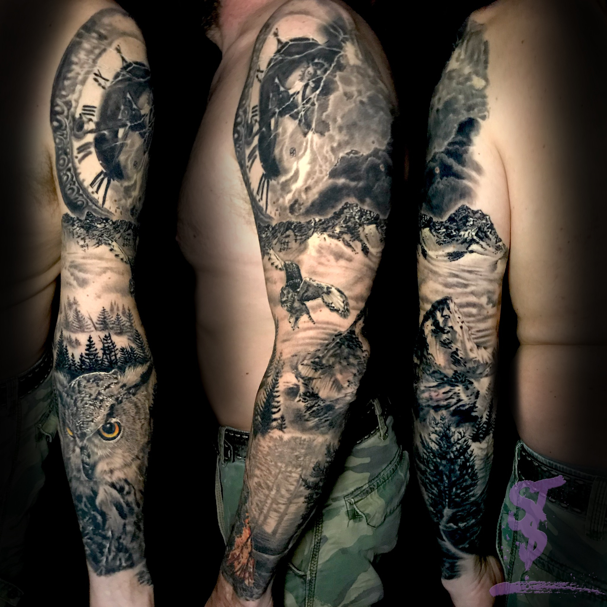 Eule owl Uhr clock tattoo sleeve 