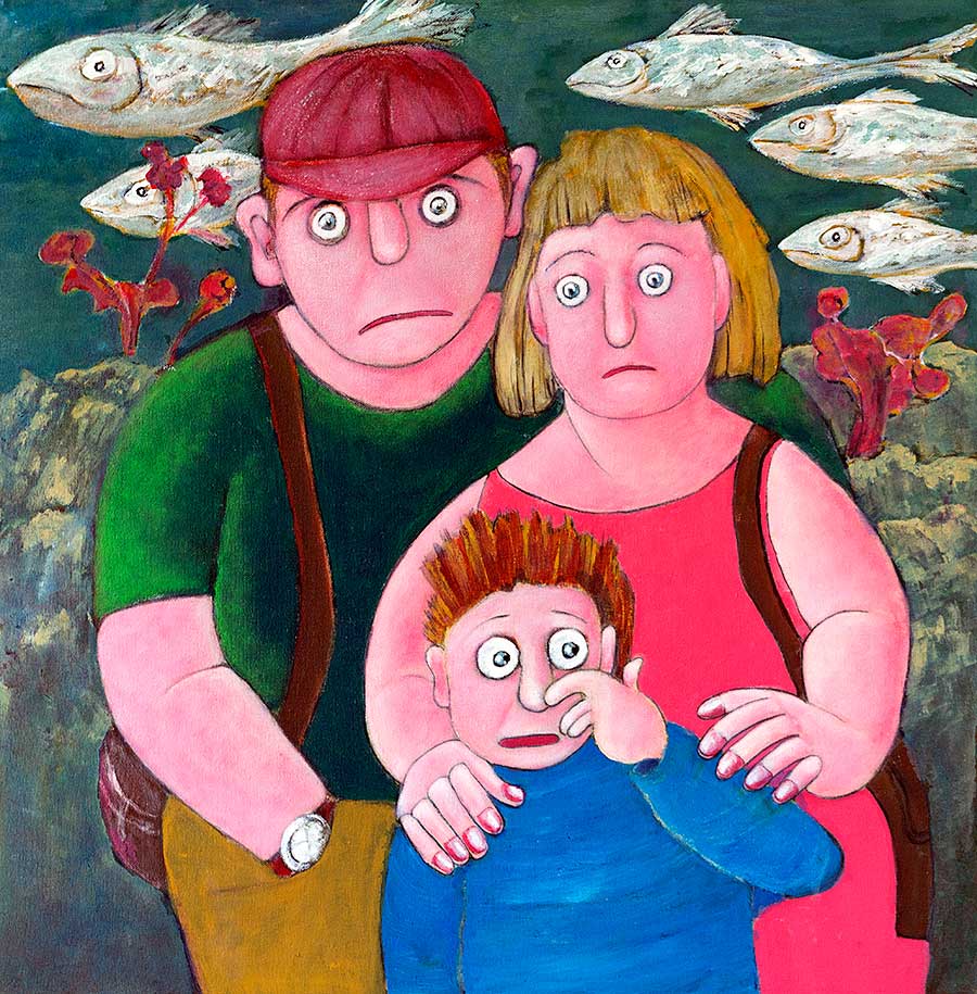 Funny painting by Welsh artist Muriel Williams of a family looking miserable on holiday with a boy picking his nose