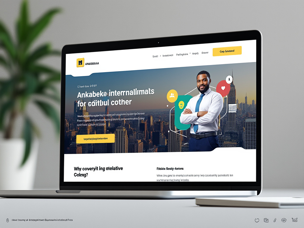 Laptop displaying a business website with a professional smiling man in front of a cityscape, featuring colorful icons and navigation menu.