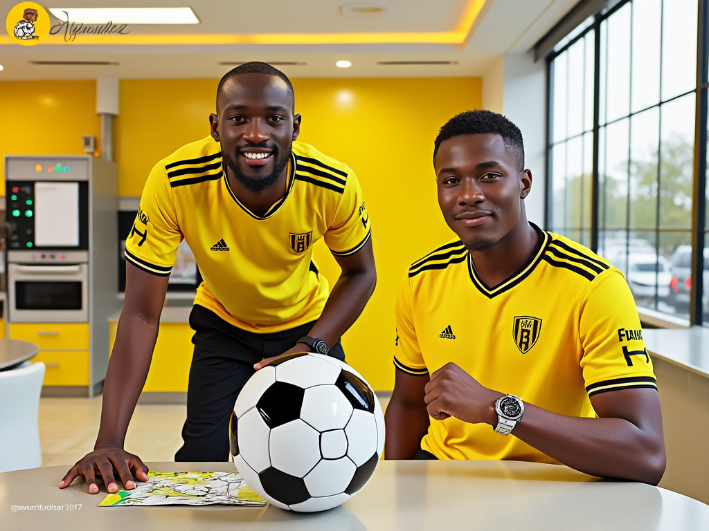 Two men in matching yellow soccer jerseys with black stripes, seated in a modern kitchen with a soccer ball and a game strategy sheet on the table.