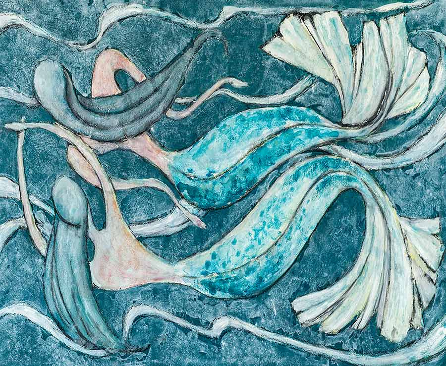 abstract painting of two mermaids by Welsh artist Muriel Williams