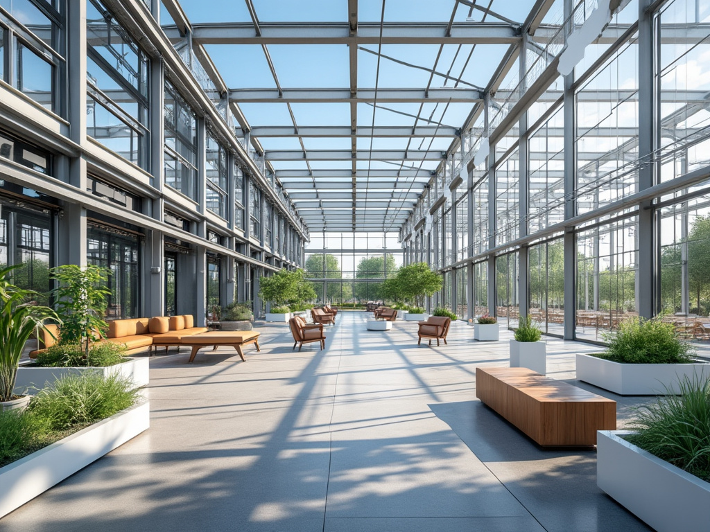 Interior moderno de um edifício com tetos de vidro, plantas e assentos confortáveis, iluminado pela luz solar.