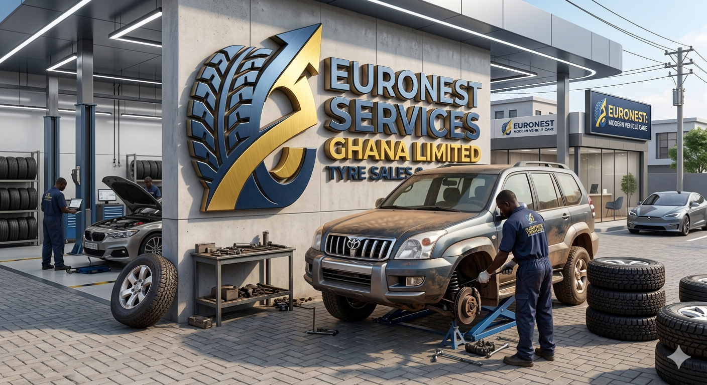 Promotional image featuring luxury cars and a large tire with company text overlay.

