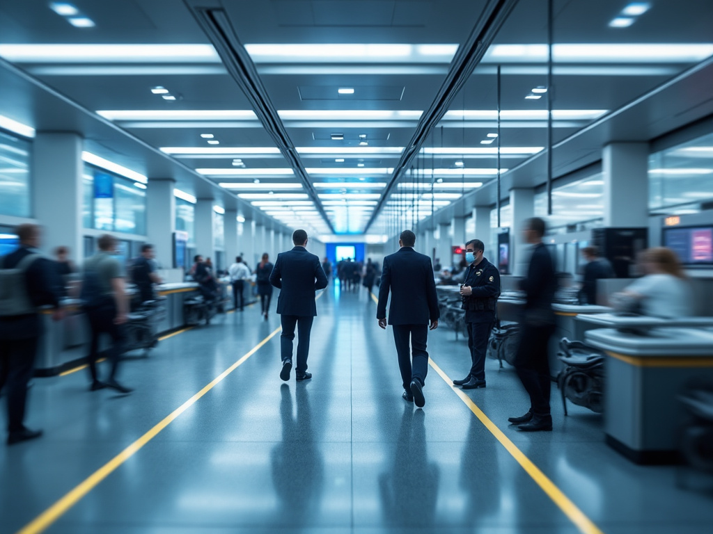 Intérieur moderne d'un aéroport avec des voyageurs et des agents de sécurité, éclairage lumineux.