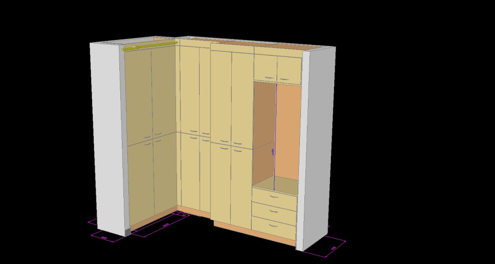 3D izris postavitve omar v hodniku s plinsko pečjo
