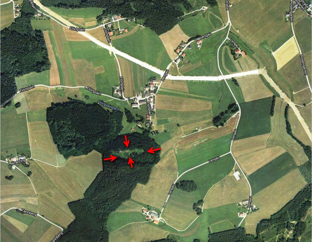 Lage der historischen Siedlung im Wald bei der Ortschaft Flörlplain - Lengau