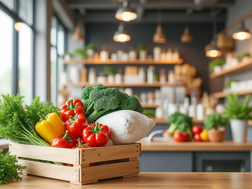 Caisse en bois avec légumes frais, poivrons rouges et jaunes, brocoli et sac en tissu, cuisine moderne en arrière-plan