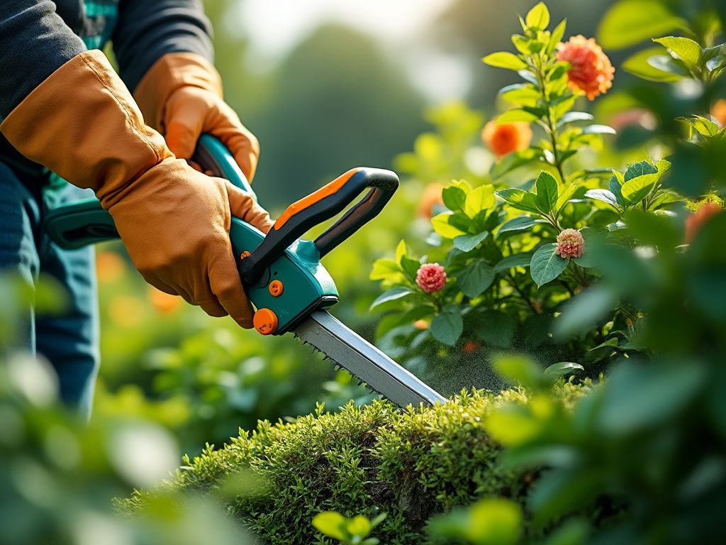 Person schneidet Hecken mit elektrischer Heckenschere im blühenden Garten, trägt orange Gartenhandschuhe.