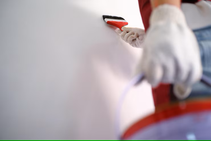 Sala de estar moderna com sofá cinza, poltrona, mesa de centro redonda, quadros vazios na parede e plantas decorativas.