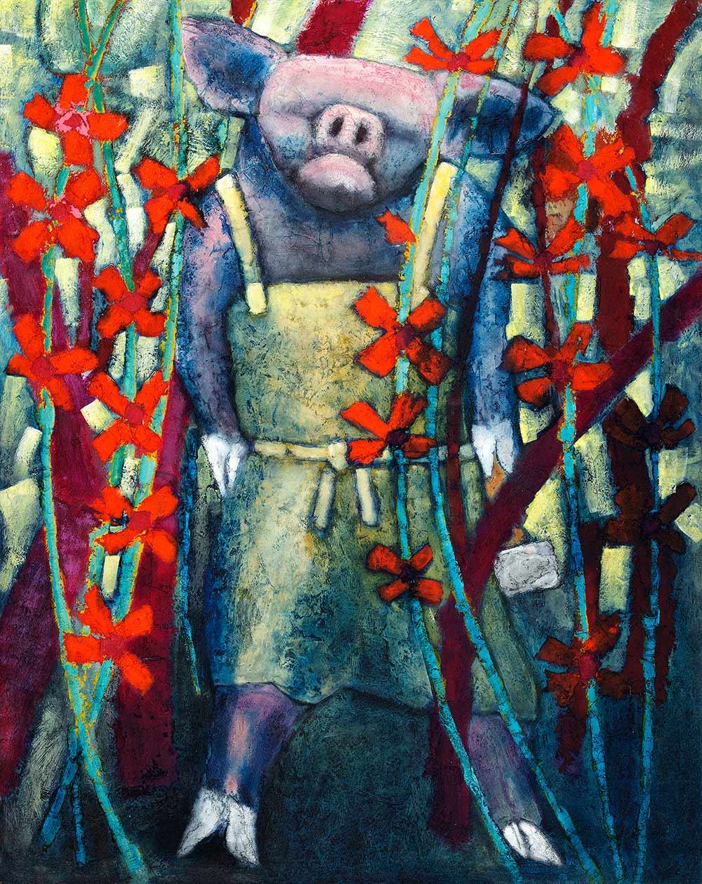 Surreal painting of a pig wearing a butcher's apron standing upright amongst trees and flowers by Welsh artist Mark Lloyd Williams