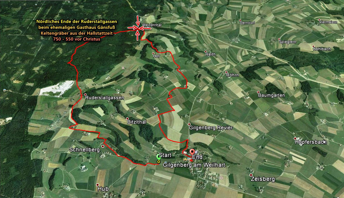Lageplan der Gügelgräber in der Gemeinde Gilgenberg. Im Gemeindegebiet von Gilgenberg, am nördlichen Ende der Ruderstallgassen beim ehemaligen Gasthaus Gänsfuß wurden von 1884 bis 1897 unter Leitung des Gutsbesitzers und Kunstmalers Hugo von Preen 9 von 12 Grabhügeln geöffnet !