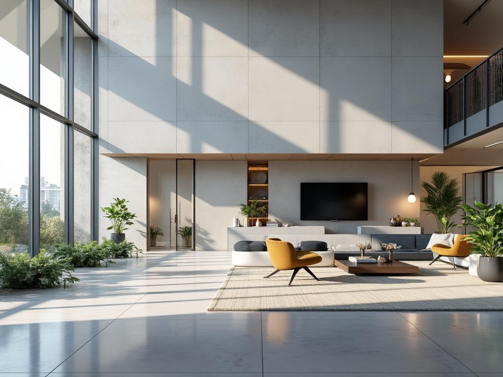 Sala de estar moderna com janelas grandes, móveis elegantes e plantas decorativas. Sala de estar moderna com janelas grandes, móveis elegantes e plantas decorativas.