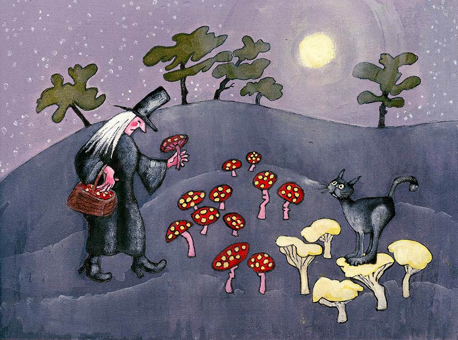 FUNNY PAINTING OF A WITCH AND HER BLACK CAT PICKING MUSHROOMS BY MOONLIGHT by Welsh artist Muriel Williams
