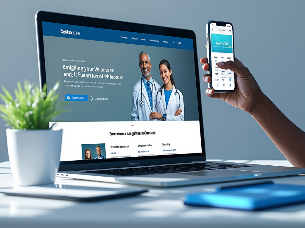 Person holding smartphone next to a laptop displaying a medical website with doctors, plant in foreground.