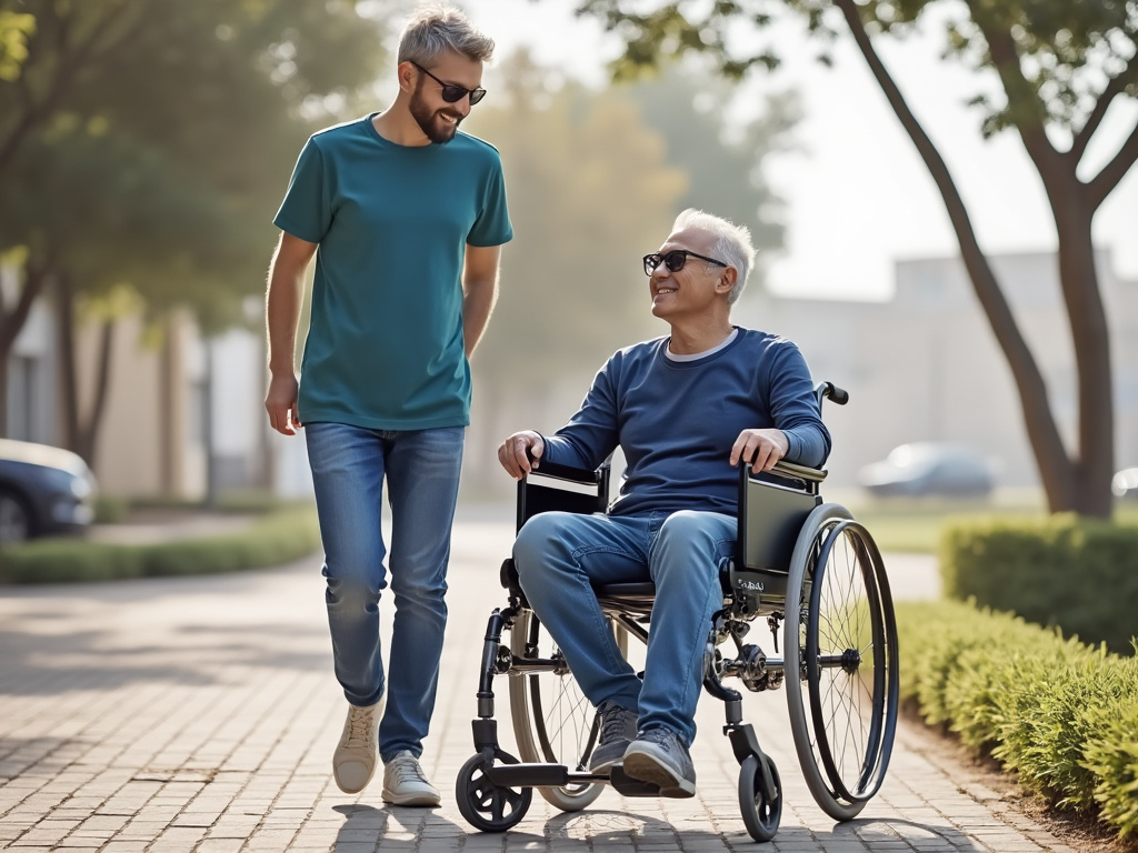 Dois homens, um em cadeira de rodas e outro caminhando ao lado, sorrindo em um parque ensolarado.