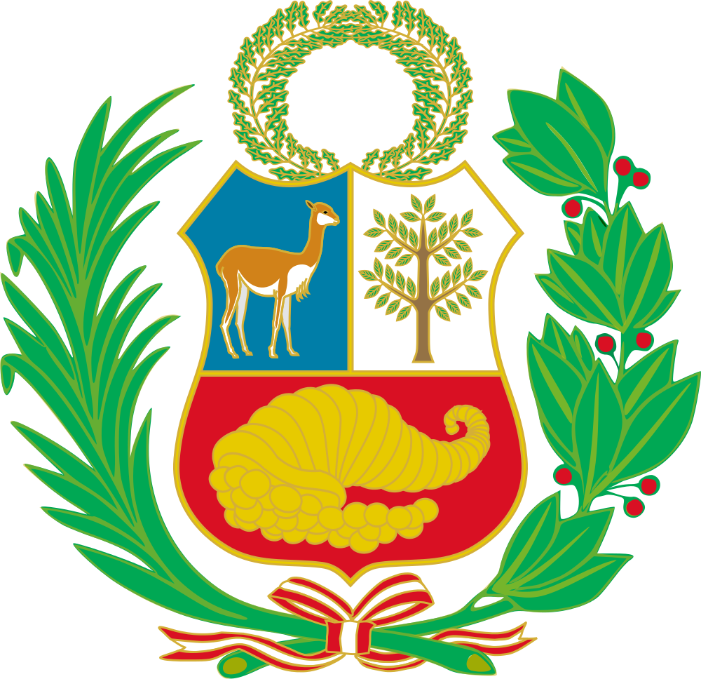 Das Wappen Perus Das Wappen zeigt einen Schild mit goldenen Rändern. Der Schild ist waagrecht geteilt und oben gespalten. Das erste Feld zeigt ein braunes nach links auf sandfarbenem Land stehendes Vicuña auf hellblauem Wappengrund, welches die Fauna Perus symbolisiert. Das zweite Feld repräsentiert die Flora und zeigt in Silber einen grünen Chinarindenbaum. Das untere rote Feld zeigt ein goldenes Füllhorn. Es steht für die Bodenschätze.