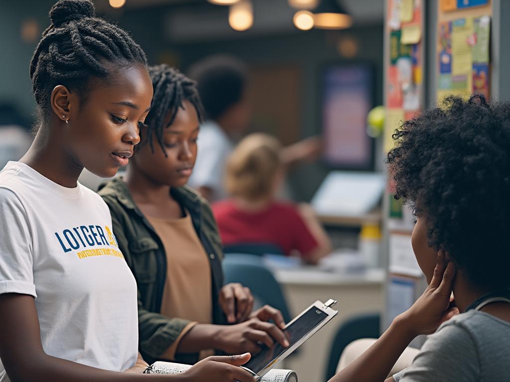 Three students in a study group at a library, one holding a tablet, with books and noticeboards in the background.